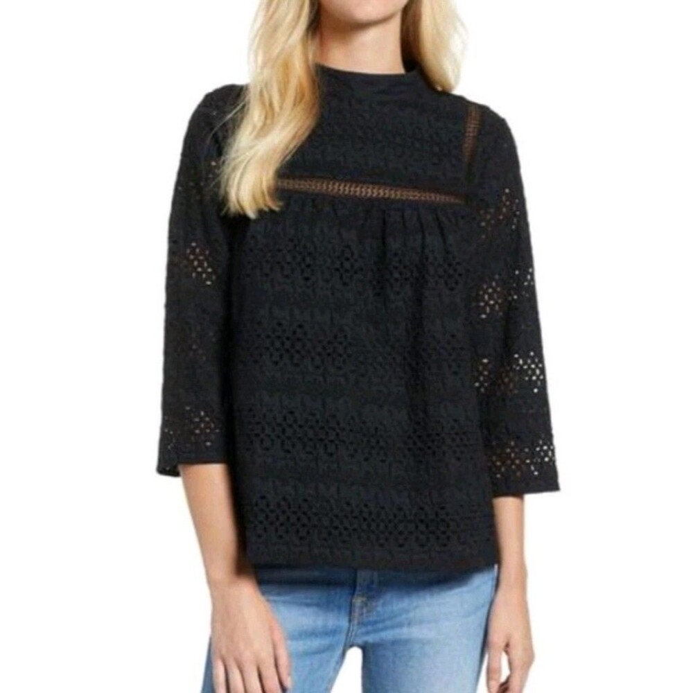 Vineyard Vines Black Eyelet Mock Neck 3/4 Sleeve Top Women Size 2